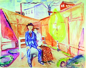 画中的蒙克是一位瘦长小伙子，边上的姑娘可能是他身患不治之症的姐姐苏菲