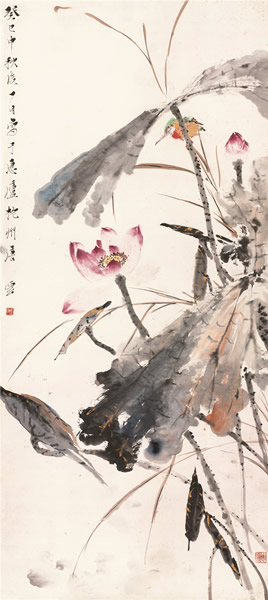 唐云 荷塘翠鸟