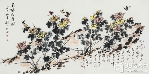 《五蝶向菊》248x129，2013，纸本水墨