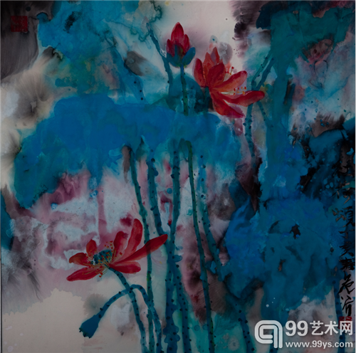 《红荷颂》，68×69cm，2014年