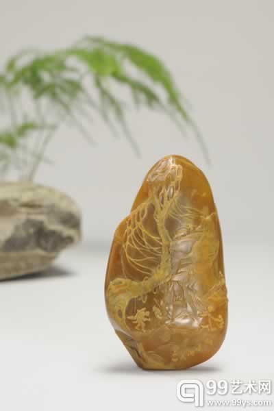 郭懋介作田黄石桃源洞天薄意摆件（208g）
