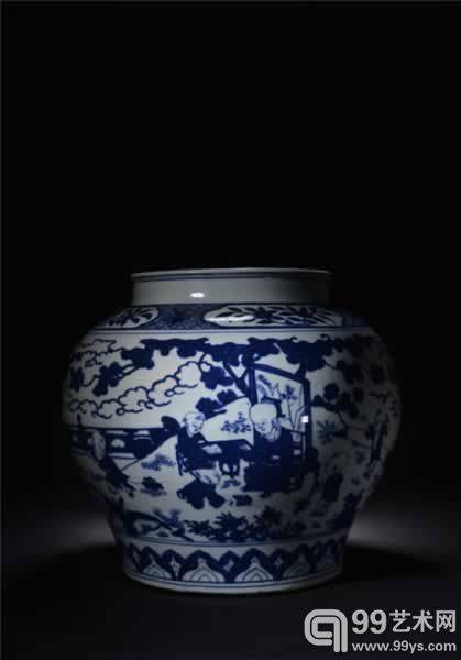 明嘉靖 青花庭院婴戏图大罐 尺寸：H 35.4cm