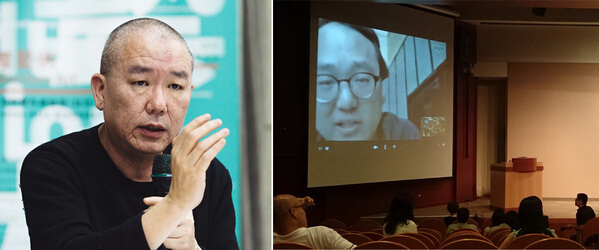 左：艺术家陈界仁.摄影：朱祈安；右：中国美术学院的高士明在视频发言（左上），台北艺术大学的黄建宏（右下）.