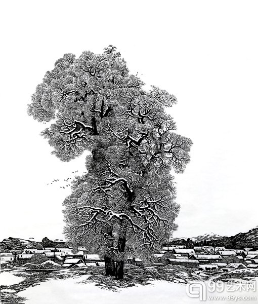雪霁，黑白木刻，2013年，陈东明