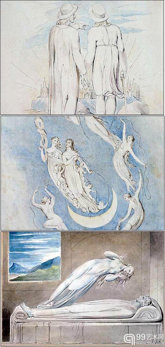 威廉·布莱克是完美主义代表，也绝对是多栖型创作天才：诗人、画家和雕塑家。他的创作方式也很独特：先将诗和插图刻在铜板上，然后用这种铜板印成书页，最后再给它们上色。