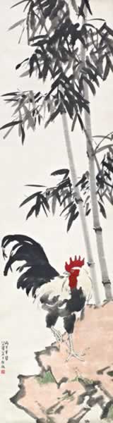 徐悲鸿 竹石雄鸡 1936年作 立轴 设色纸本 147×38.6cm.