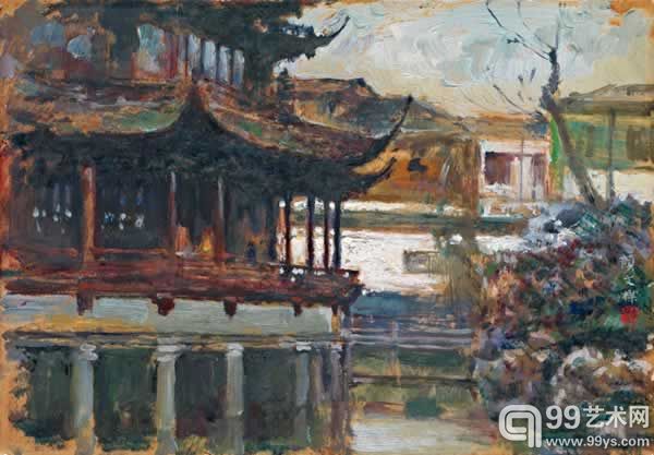 颜文樑 上海豫园 1964年作 纸板油画 18×25.8cm.