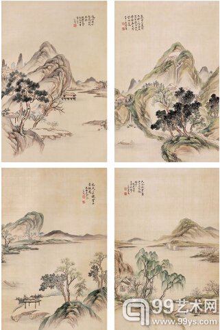 山水 四屏轴 设色绢本