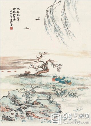 桃柳春姿 立轴 设色纸本