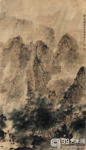 傅抱石  万竿烟雨 镜心  