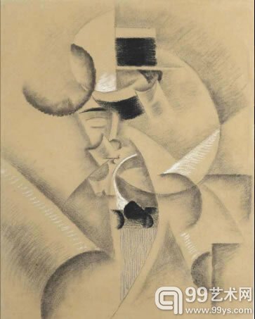 吉诺·塞维尼作品《戴草帽的自画像》（1912-13）
