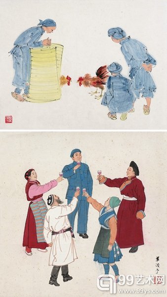 叶浅予 斗鸡、祝酒 设色纸本 镜心 34X43cm 33X34cm.jpg