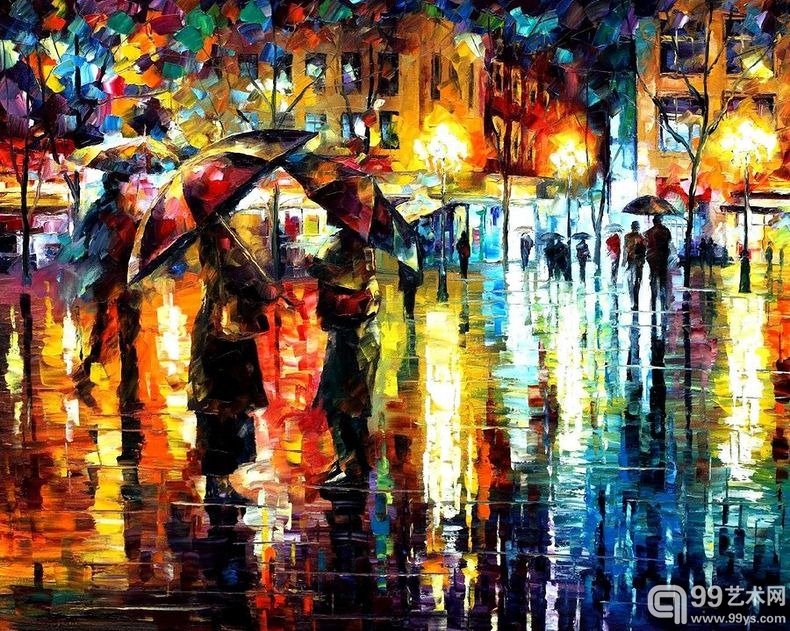 列奥尼德•阿夫列莫夫(Leonid Afremov),1955年生于白俄罗斯维捷布斯克市。他的作品主要用调色刀和天然油料在画布上作画。其绘画技巧、色彩上的层次运用纯熟浑厚,令人惊叹,看起来就像是色彩在画布上飘散开来了一样。相对于梵高流畅、衔接的色彩来说,他的色彩让人觉得有些梦幻。