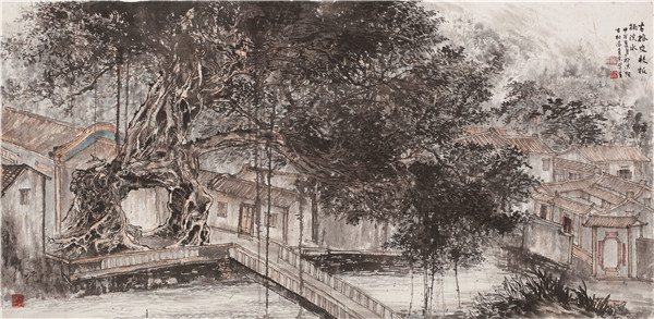 《古榕交枝板桥流水》 138×68cm
