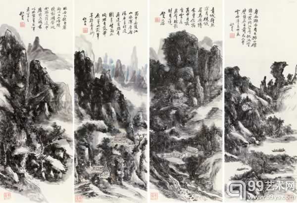 黄宾虹(1865-1955)  江山卧游图四屏	 