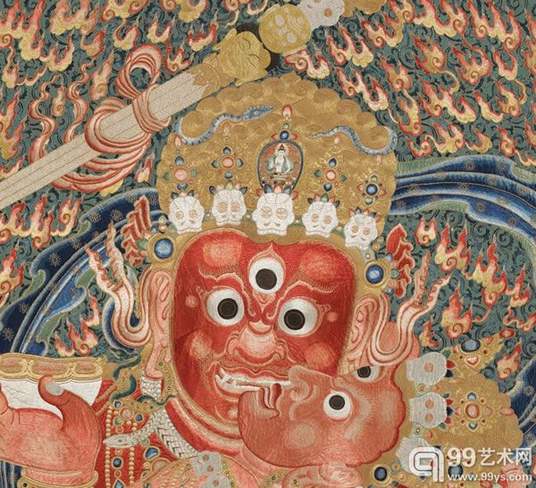 明永乐年施刺绣红阎摩敌唐卡局部
