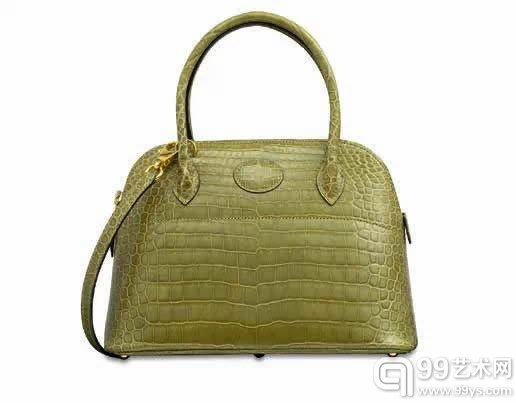 拍品编号3718 亮面绿茉莉色POROSUS鳄鱼皮27公分SELLIER BOLIDE包附黄金配件 爱马仕；1997年 港币40,000-60,000 美元5,200-7,700