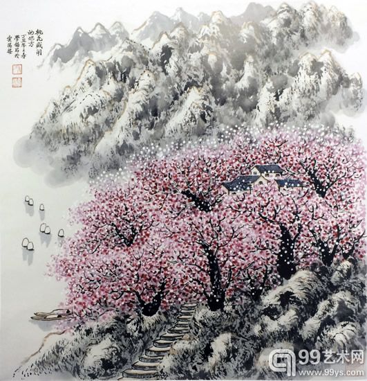 桃花盛开的地方 68x68cm（中国画）