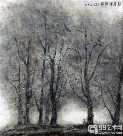  苏法融  林荫禅修  宣纸油画   96x88cm
