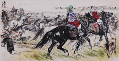 黄 胄(1925-1997) 牧马图 镜心 设色纸本 1981年作 140×280 cm.约 36.8 平尺 估价待询