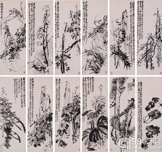 吴昌硕花卉屏风十二扇 屏风水墨纸本 1917年作 137×48 cm.×12约 5.9 平尺 ( 每幅 ) 估价待询