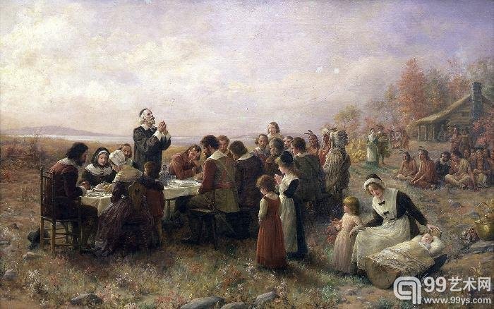 《普利茅斯的第一个感恩节》（The First Thanksgiving at Plymouth, 1914） 珍妮·奥古斯塔·布朗斯康姆（Jennie Augusta Brownscombe, 1850–1936）