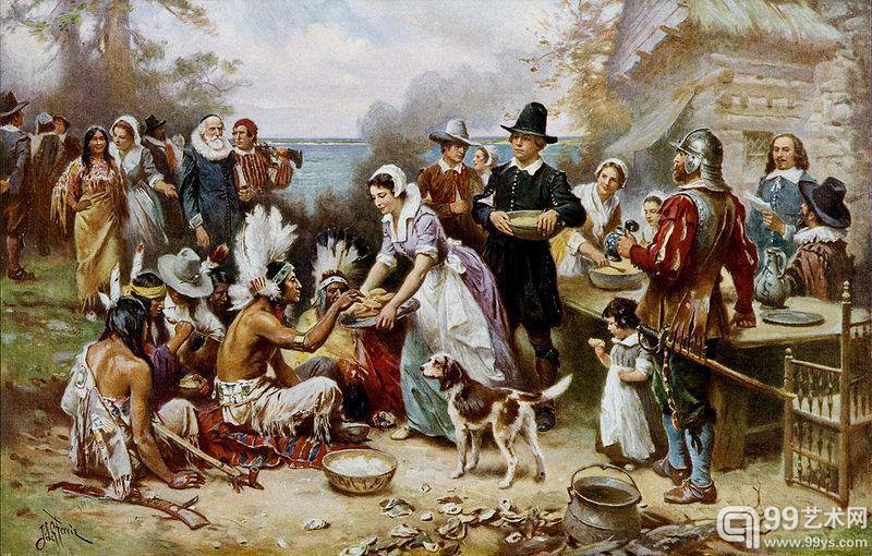 《第一个感恩节》（The First Thanksgiving, 1915） 让·路易斯·杰罗姆·费理斯（Jean Louis Gerome Ferris, 1863-1930）