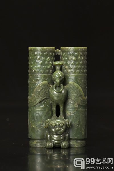 清.乾隆 碧玉英雄双联瓶 高：16cm