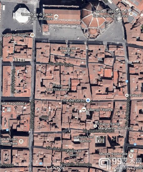 科尔索路(Via del Corso)南北为多纳蒂家族的街区,再往南为切尔基家族的街区。两个家族的街区盘根错节、错综复杂,其结构显示了高度的封闭性,一直延续至今。
