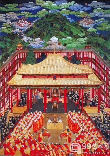 乾隆皇帝位于右上,在万法归一殿接见蒙古土尔扈特部首领渥巴锡,屏风,水彩,长164.5厘米,宽114.5厘米,藏于北京故宫博物院,载《清代宫廷绘画》。