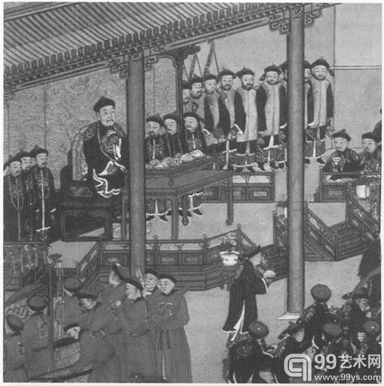 图为乾隆皇帝设宴,他是柱子后最高大的那个人。《紫光阁凯宴图》局部,藏于北京故宫博物院,载《紫禁城帝后生活》,第62页。