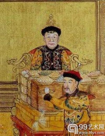 乾隆皇帝侍奉太后祝生。《崇庆皇太后七旬圣寿庆典图》局部,北京故宫博物院,载《清代宫廷生活》,台北南天书局。