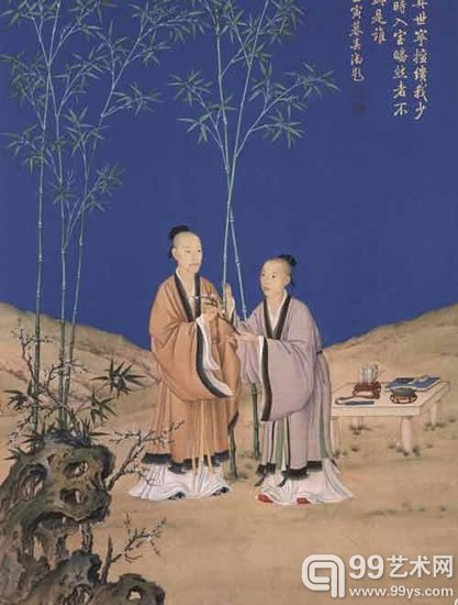这幅画里的乾隆是陪伴老者的青年。郎世宁绘,《平安春信图》,挂轴,水彩,长68.8厘米,宽40.6厘米,北京故宫博物院,载《宫廷绘画》,第103页。