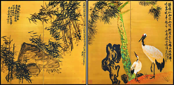 吴昌硕（1844-1927）王震（1867-1938) 墨竹．松鹤屏风一对