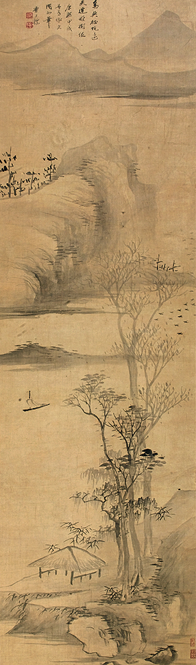 査士标（1615-1698） 山水 水墨绢本 立轴 款识：鸟与征帆远，天连野树侣。 康熙甲戌春暮，仿文湖州笔。査士标。 钤印：士标私印（白）、查二瞻（朱）、红豆林 尺寸：146x41.5cm 著录：《中国民藏文物鉴赏丛书•书画宝鉴》第105P， 人民美术出版社，2006年6月。