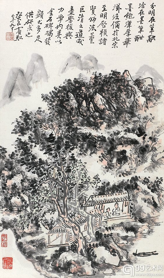 黄宾虹（1865-1955）山水 设色纸本 镜框 1953年作 款识：分明在笔，融洽在墨。笔酣墨饱浑厚华滋， 法备于北宋，至明启桢诸贤师法董巨， 清之道咸画学复兴，力争内美，以金石碑碣发显， 尤多足供研求也。癸巳宾虹年九十。 钤印：黄宾虹（朱）、片石居（白） 尺寸：47.5x28cm 鉴藏印：孝丰诸乐三珍藏印（白） 著录：《黄宾虹全集》第四册，浙江人民美术出版社 说明：画家诸乐三旧藏