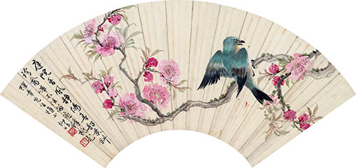陆抑非  白蕉  珍禽桃花图并行书诗  设色纸本  扇面镜片
