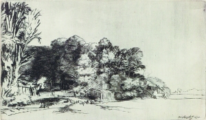 　　伦勃朗对速写场景进行后期加的作品《远景树丛》（1652）