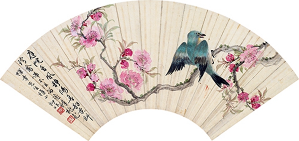 陆抑非  白蕉  珍禽桃花图并行书诗  设色纸本  扇面镜片