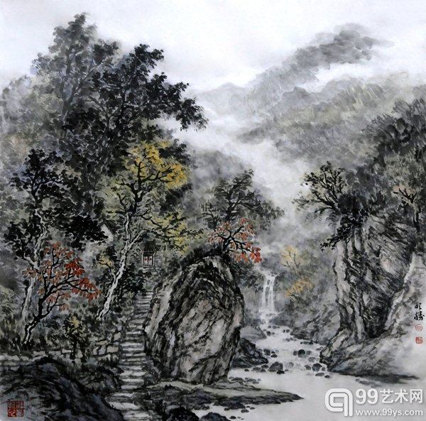 枫叶醉山村 中国画 胡明胜
