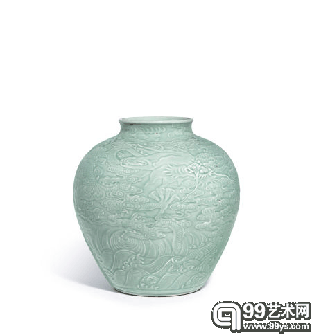 粉青釉浮雕「苍龙教子」图罐