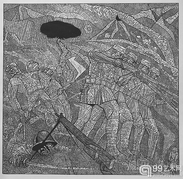 李小明《松山落日》 黑白木刻90x90cm   2012年