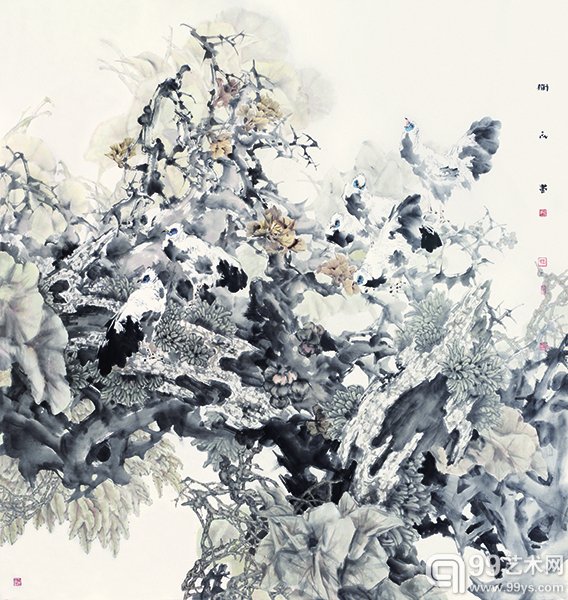 杨卫民《花鸟》200 x 200cm 2013年  纸本水墨