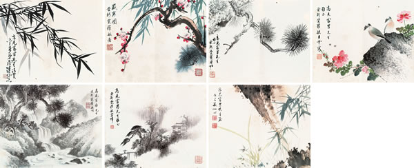 启 功(1912 - 2005) 溥松窗(1913 - 1991) 等 花鸟山水七开册页
