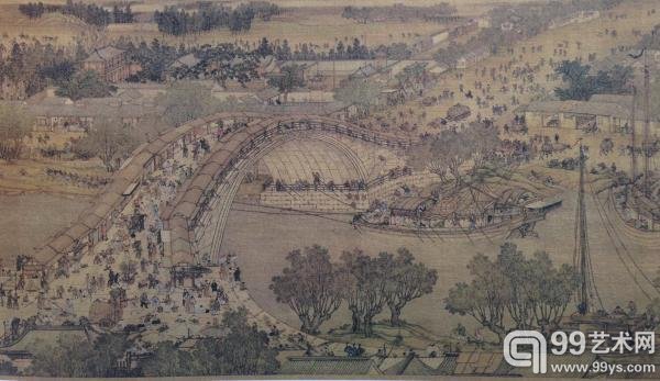 《清明上河图》是宋代张择端的名作，但全世界公私收藏共多达60件摹本及仿本。图为台北故宫收藏的清代陈枚等绘制的作品。