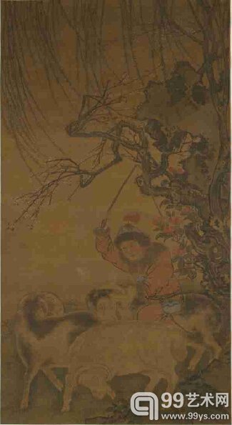 明 柳荫牧羊图轴 绢本，设色，纵177.8cm，横96.5cm。