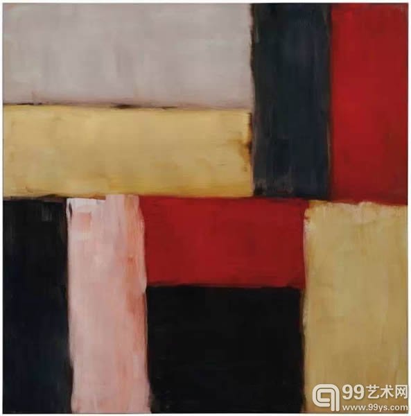拍品编号64尚·史考利 (生於1945年)《光墙：礁石》签名、题款与日期：WALL OF LIGHT REEF Sean Scully 2012 (背面)油彩  画布  裱於画板63 x 63寸 (160 x 160公分)2012年作