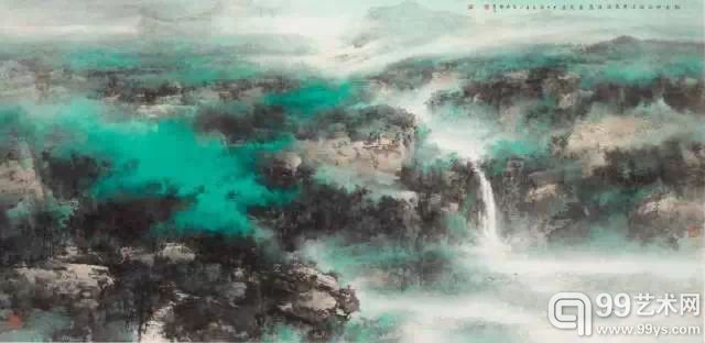 春山积翠设色 纸本 镜框98 x 192 cm. (38 58 x 75 58 in.)