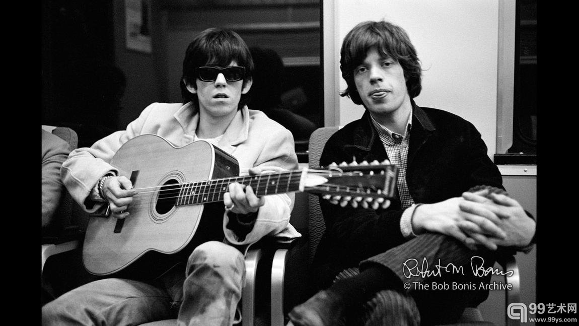 Keith Richards, Mick Jagger on a train, 1965