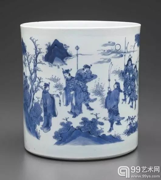 拍品编号3533明崇祯 (约1640年)青花三国演义人物故事图笔筒高8 寸 (20.3 公分)美元100,000 – 150,000